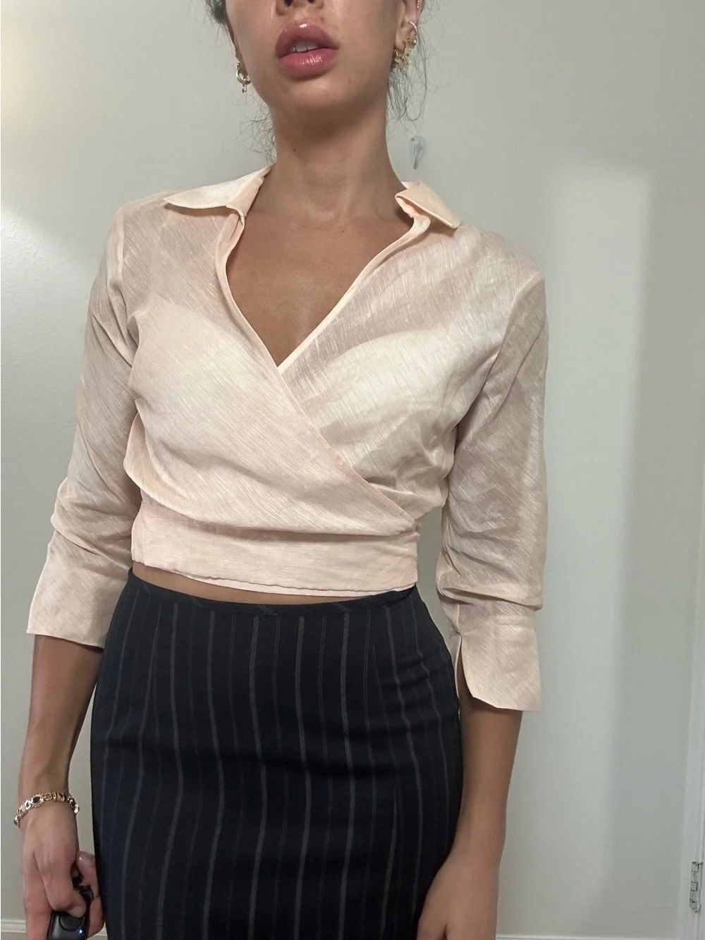 Vintage Bebe 90’s Blush Pink Linen-Silk Blend Long Sleeve Wrap Top Size S